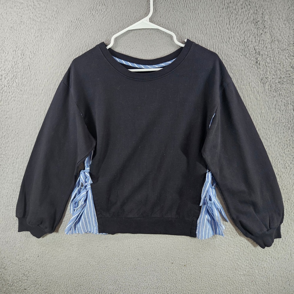 Porridge Anthropologie Black Sweatshirt Striped Side Tie Mixed Media‎ Small NEW